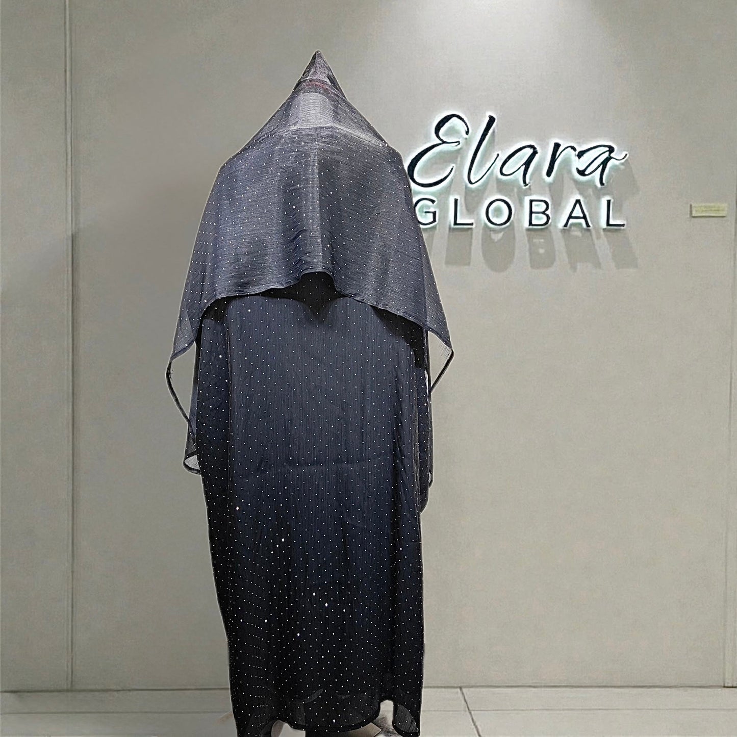 Luxury Muslim Starlight Evening Wear Abaya Set | Midnight Blue Diamond-Embellished with Matching Hijab (EG105) - Elara Global