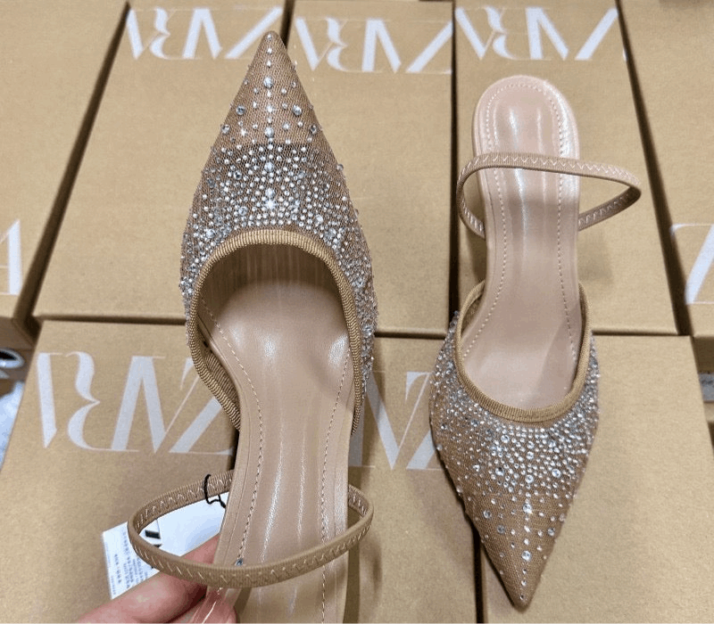 ZARA Elegant Nude Crystal-Embellished Pointed Heels
