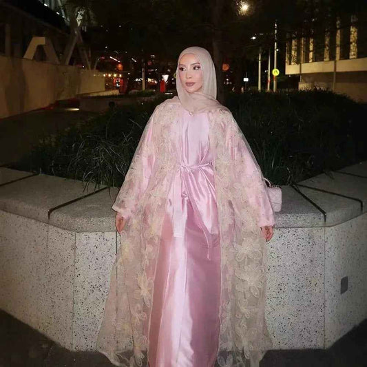 Blossom Embroidered Modest Luxury Abaya Cardigan Set | Pink 3D Floral Sheer Cover-Up with Matching Inner Dress (EG106)