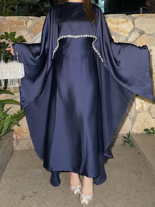 Elegant Satin Abaya with Rhinestone Cape | Luxurious Modest Evening Dress (EG130) - Elara Global