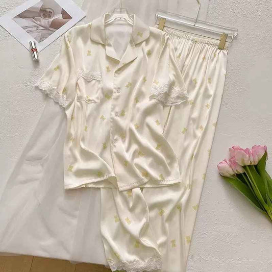 Ice Silk Long Sleeved Lace-Trim Pajama Set (EG205) (Copy)