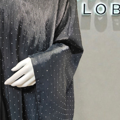 Luxury Muslim Starlight Evening Wear Abaya Set | Midnight Blue Diamond-Embellished with Matching Hijab (EG105) - Elara Global 