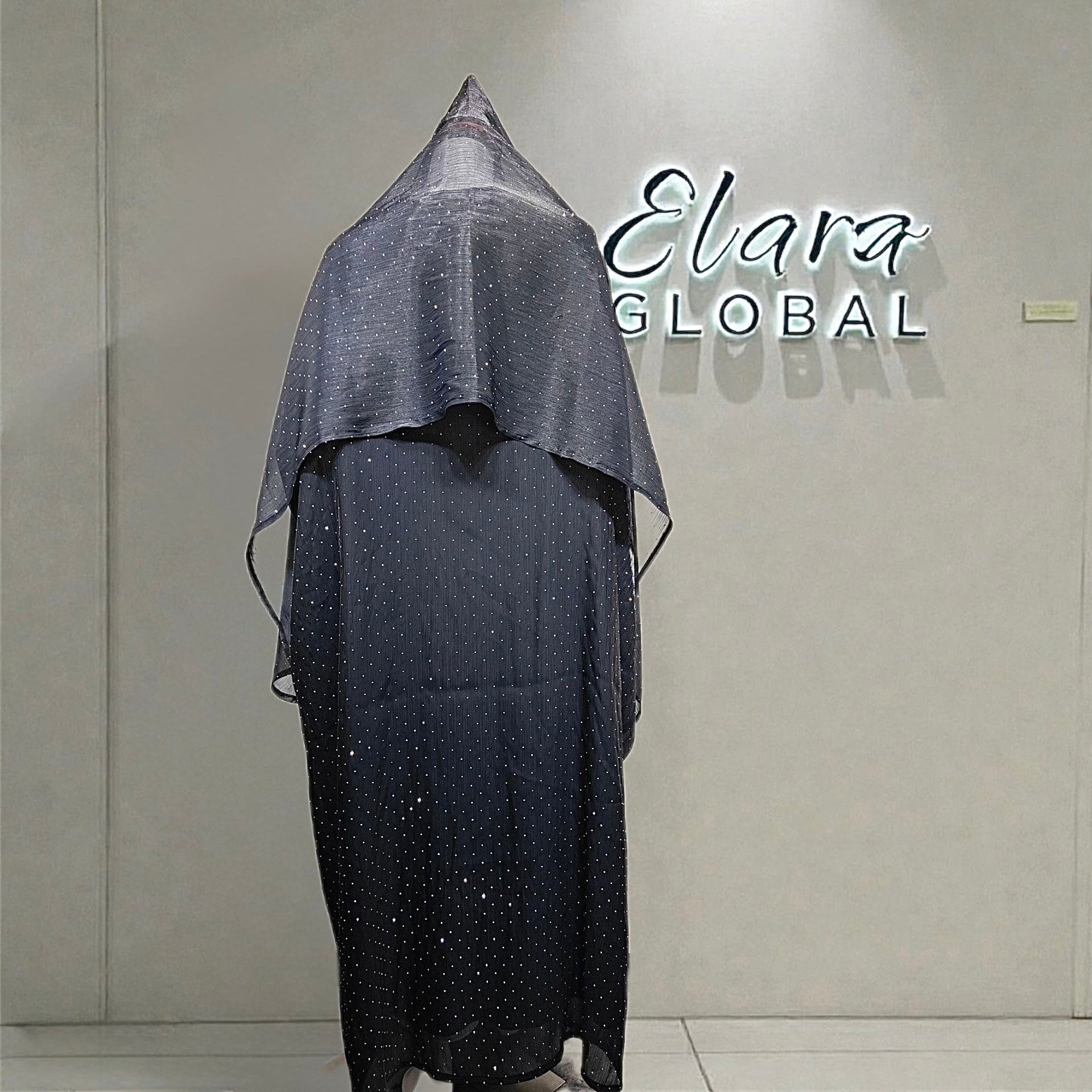 Luxury Muslim Starlight Evening Wear Abaya Set | Midnight Blue Diamond-Embellished with Matching Hijab (EG105) - Elara Global 