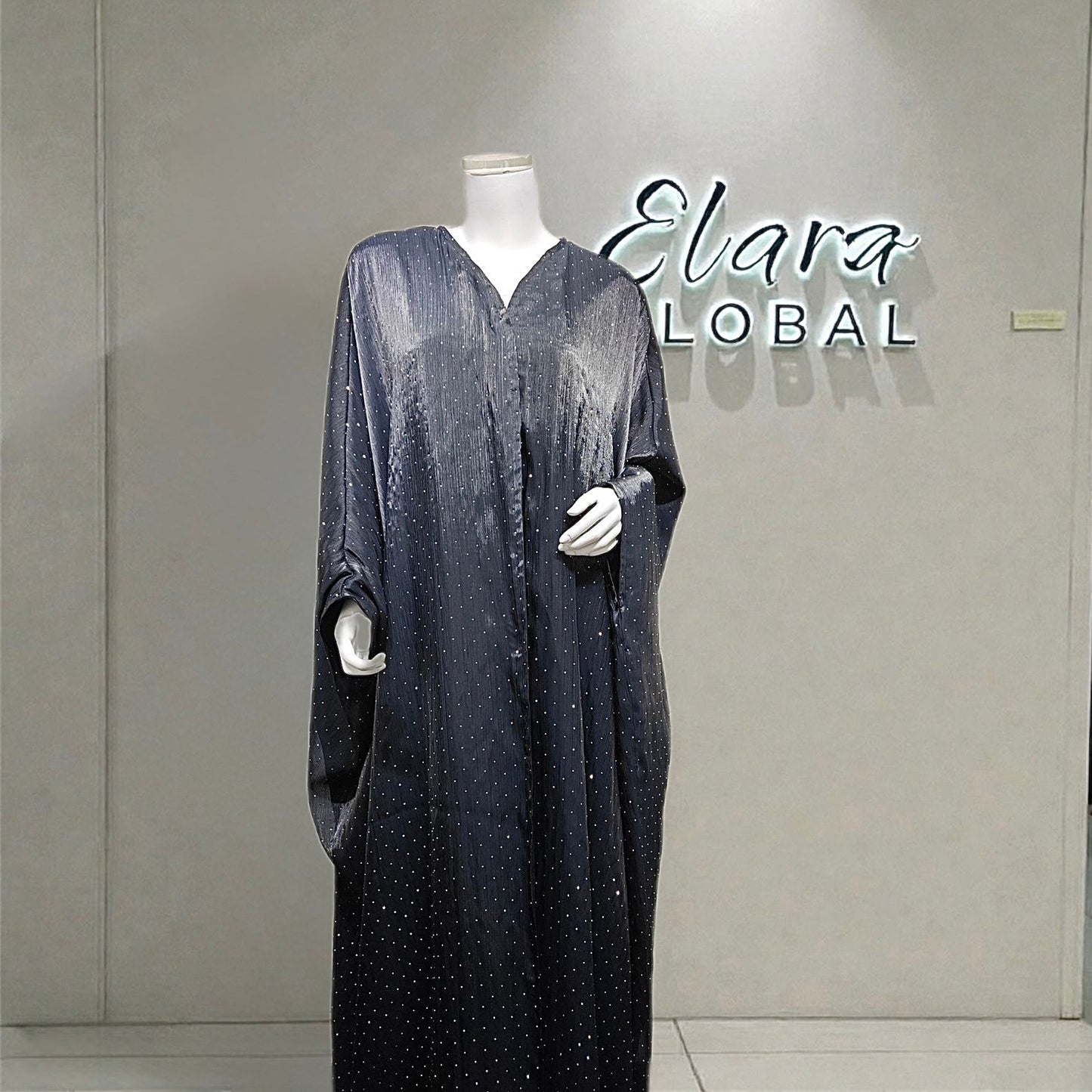 Luxury Muslim Starlight Evening Wear Abaya Set | Midnight Blue Diamond-Embellished with Matching Hijab (EG105) - Elara Global 