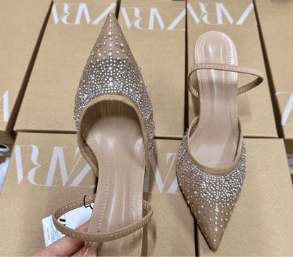 ZARA Elegant Nude Crystal-Embellished Pointed Heels