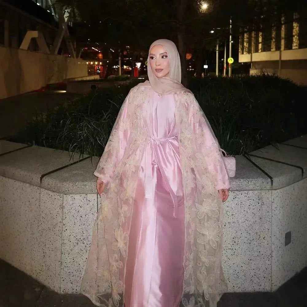 Blossom Embroidered Modest Luxury Abaya Cardigan Set | Pink 3D Floral Sheer Cover-Up with Matching Inner Dress (EG106)