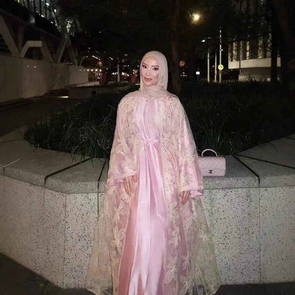 Blossom Embroidered Modest Luxury Abaya Cardigan Set | Pink 3D Floral Sheer Cover-Up with Matching Inner Dress (EG106)