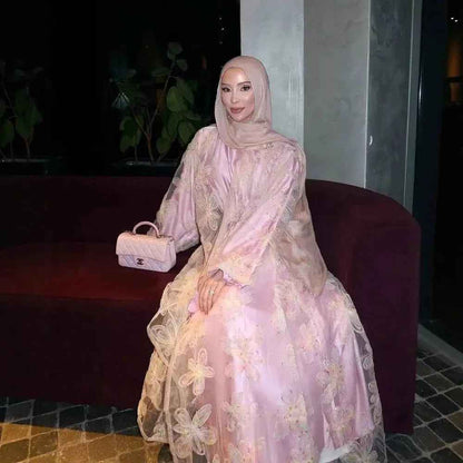 Blossom Embroidered Modest Luxury Abaya Cardigan Set | Pink 3D Floral Sheer Cover-Up with Matching Inner Dress (EG106)
