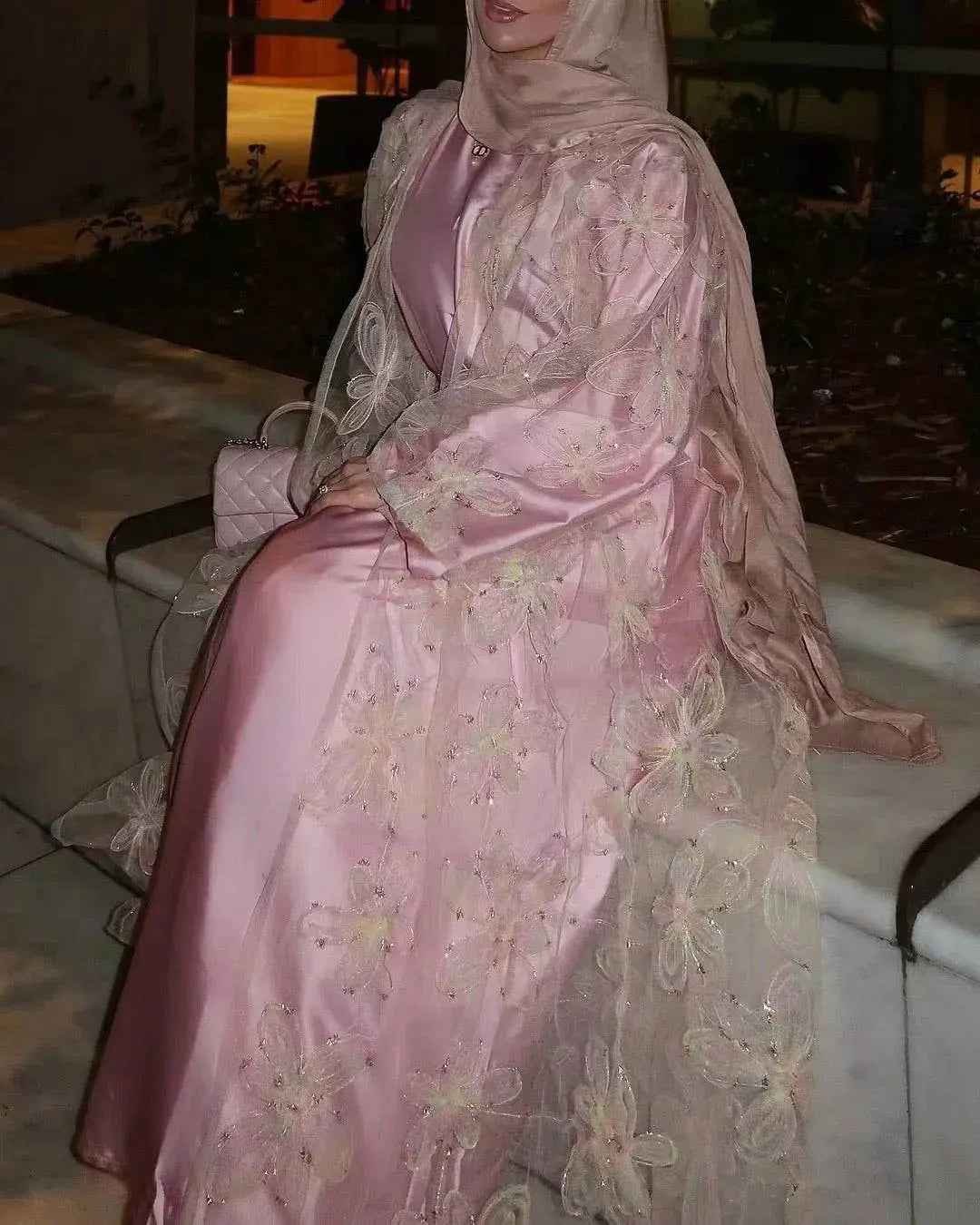 Blossom Embroidered Modest Luxury Abaya Cardigan Set | Pink 3D Floral Sheer Cover - Up with Matching Inner Dress (EG106) - Elara Global