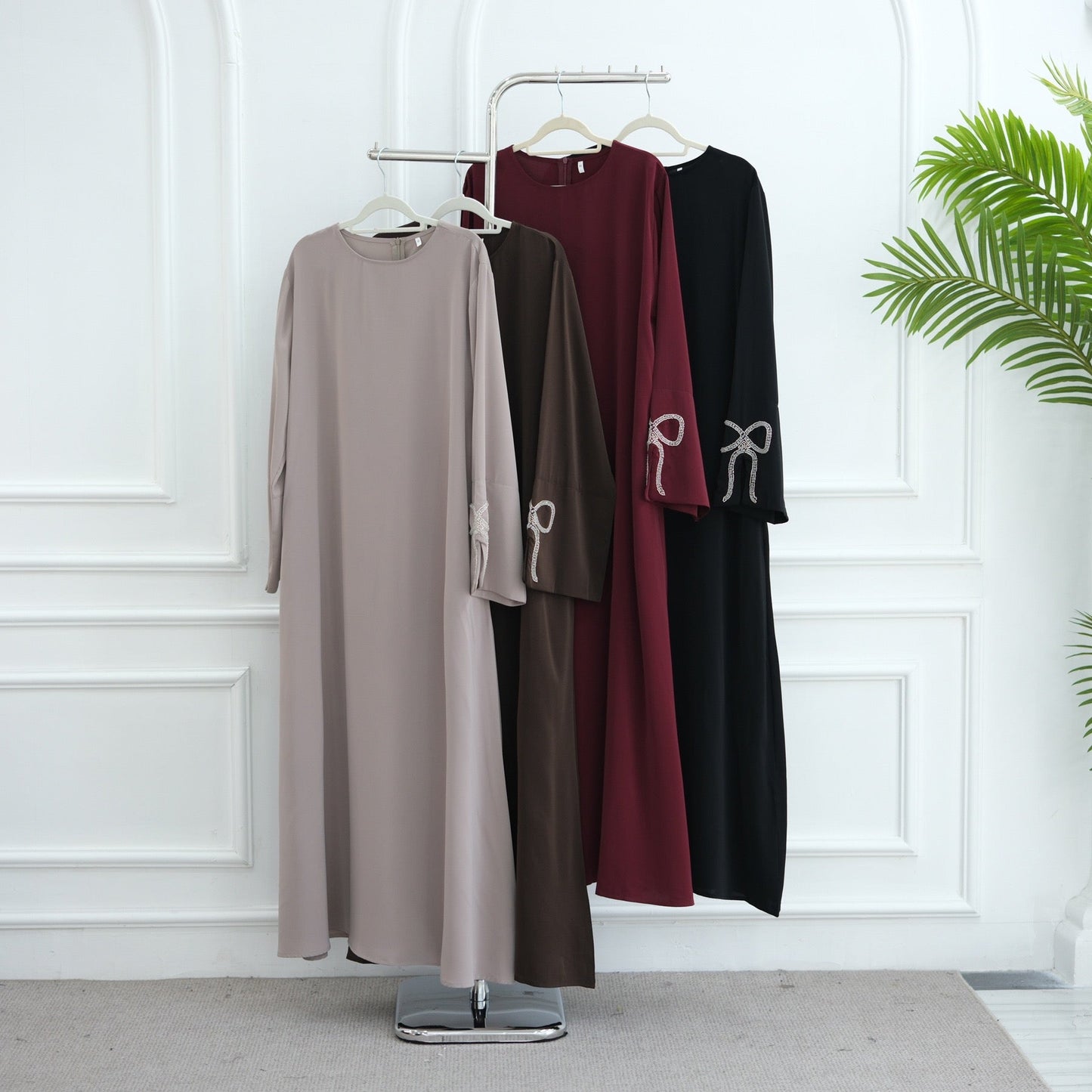 Cherry Fawn Handcrafted Silver Bow Sleeves Abaya (EG124) - Elara Global