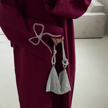 Cherry Fawn Handcrafted Silver Bow Sleeves Abaya (EG124) - Elara Global