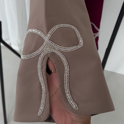 Cherry Fawn Handcrafted Silver Bow Sleeves Abaya (EG124) - Elara Global
