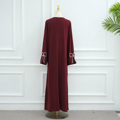 Cherry Fawn Handcrafted Silver Bow Sleeves Abaya (EG124) - Elara Global