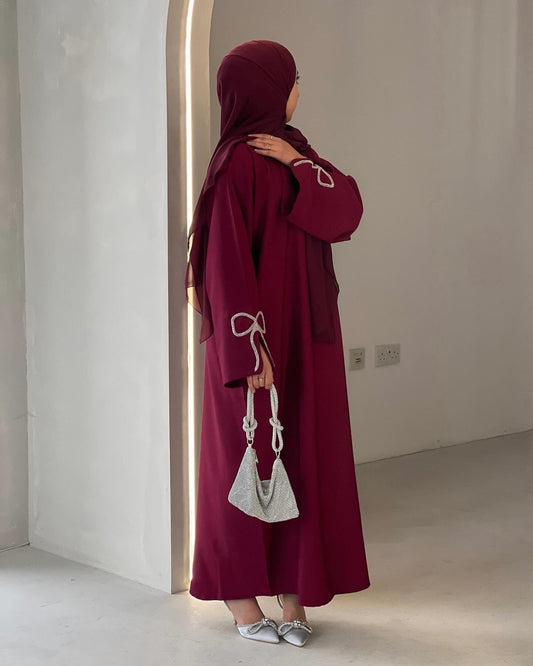 Cherry Fawn Handcrafted Silver Bow Sleeves Abaya (EG124) - Elara Global