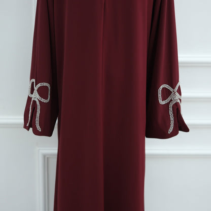 Cherry Fawn Handcrafted Silver Bow Sleeves Abaya (EG124) - Elara Global