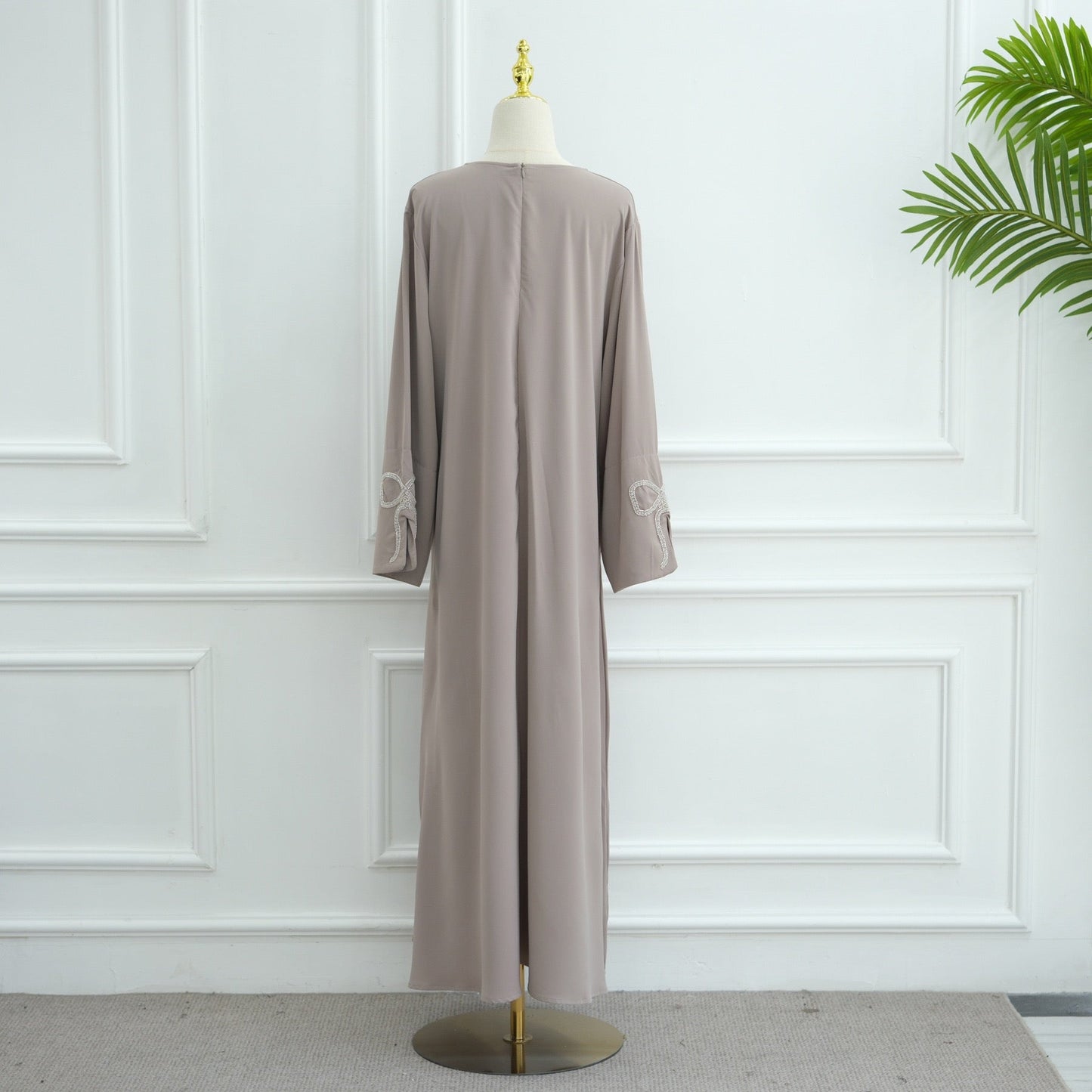 Cherry Fawn Handcrafted Silver Bow Sleeves Abaya (EG124) - Elara Global