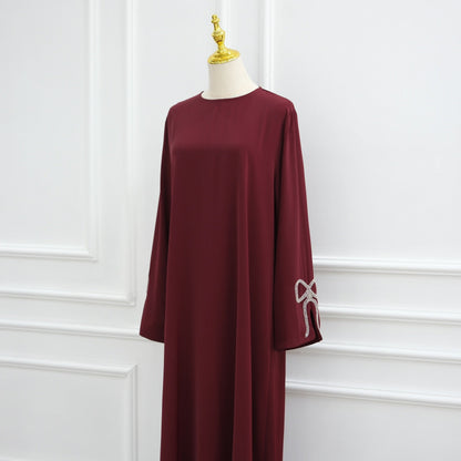 Cherry Fawn Handcrafted Silver Bow Sleeves Abaya (EG124) - Elara Global