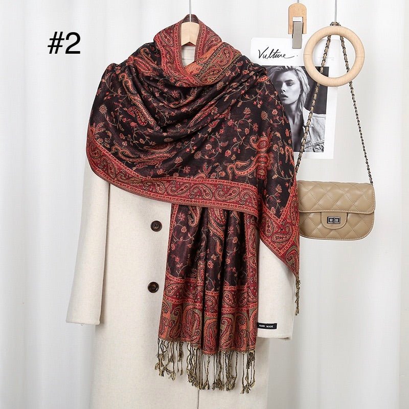 Classic Ethnic Style Popular Cashew Nutted Printed Hanging Tassel Elegant Shawl - Elara Global