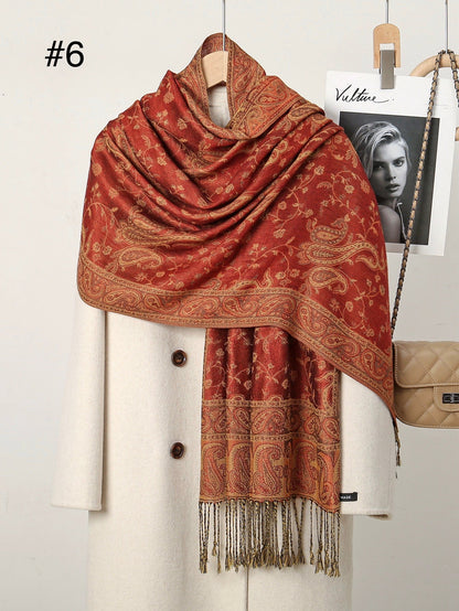 Classic Ethnic Style Popular Cashew Nutted Printed Hanging Tassel Elegant Shawl - Elara Global