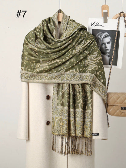 Classic Ethnic Style Popular Cashew Nutted Printed Hanging Tassel Elegant Shawl - Elara Global