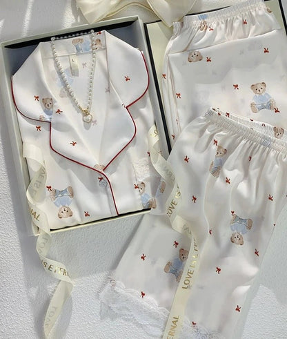 Cute Cartoon Bear Ice Silk Short - Sleeved Three - Piece Set - Elara Global
