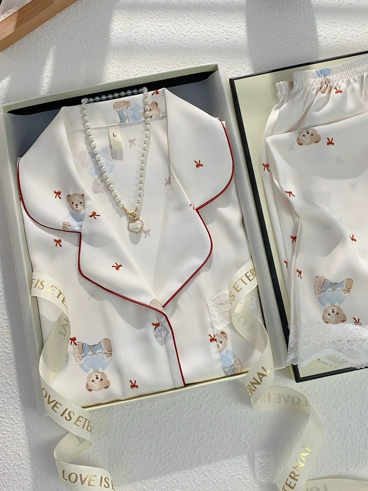 Cute Cartoon Bear Ice Silk Short - Sleeved Three - Piece Set - Elara Global