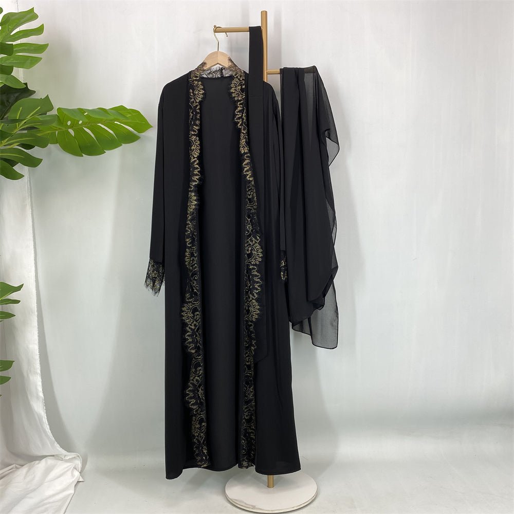 Elegant luxury lace edge cardigan abaya with hijab (EG133) - Elara Global