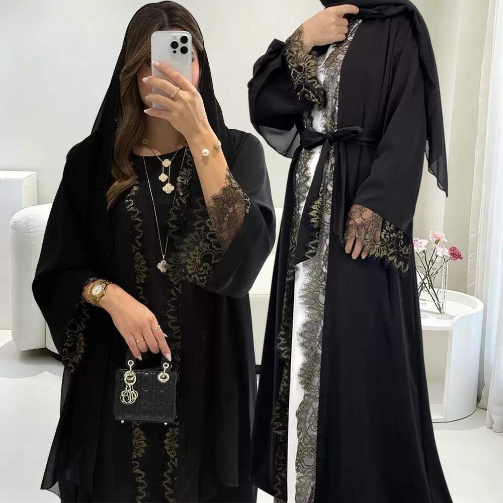 Elegant luxury lace edge cardigan abaya with hijab (EG133) - Elara Global