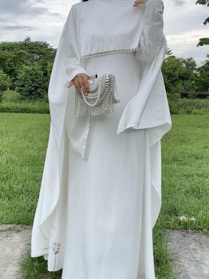 Elegant Satin Abaya with Rhinestone Cape | Luxurious Modest Evening Dress (EG130) - Elara Global