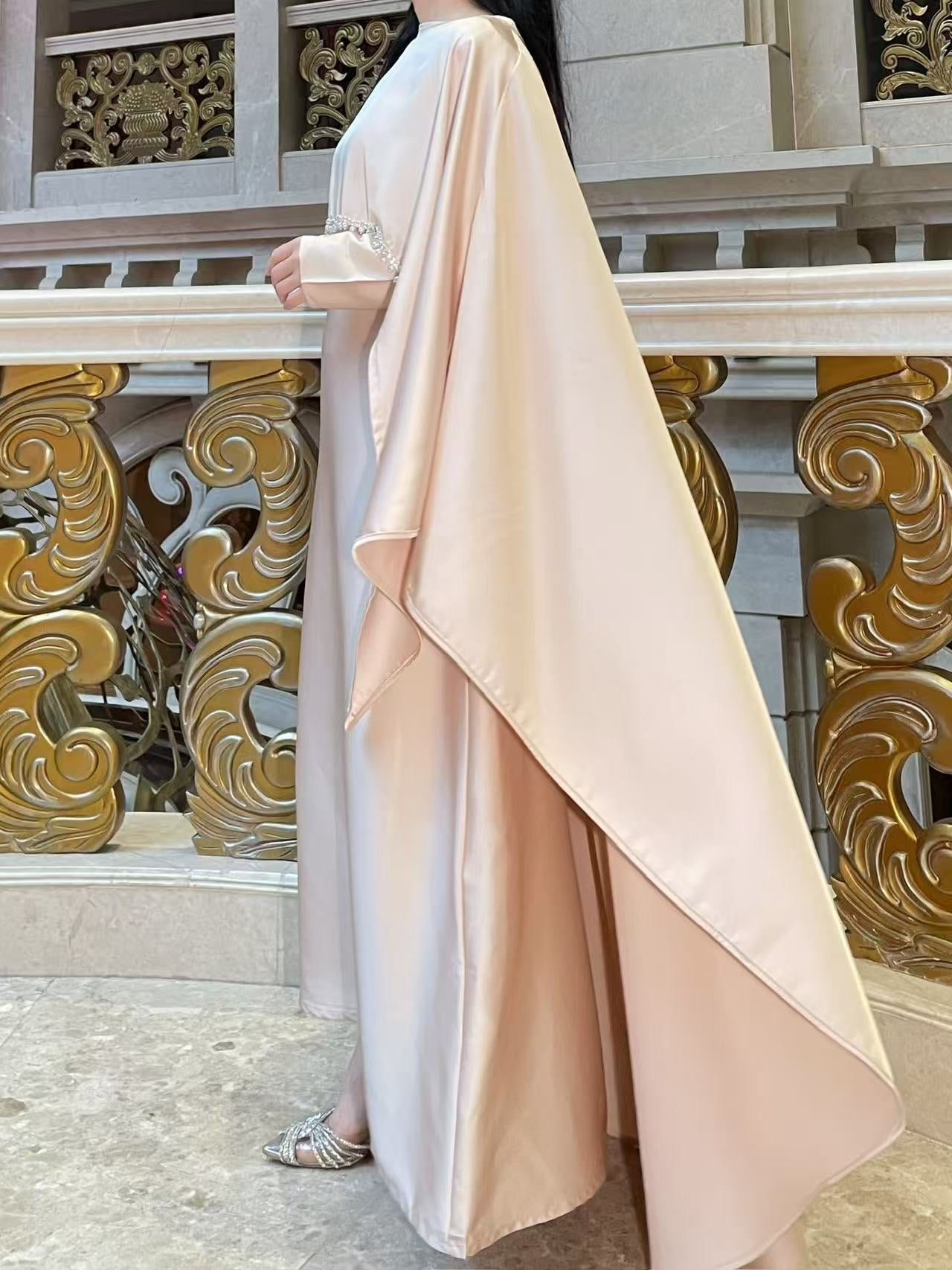 Elegant Satin Abaya with Rhinestone Cape | Luxurious Modest Evening Dress (EG130) - Elara Global