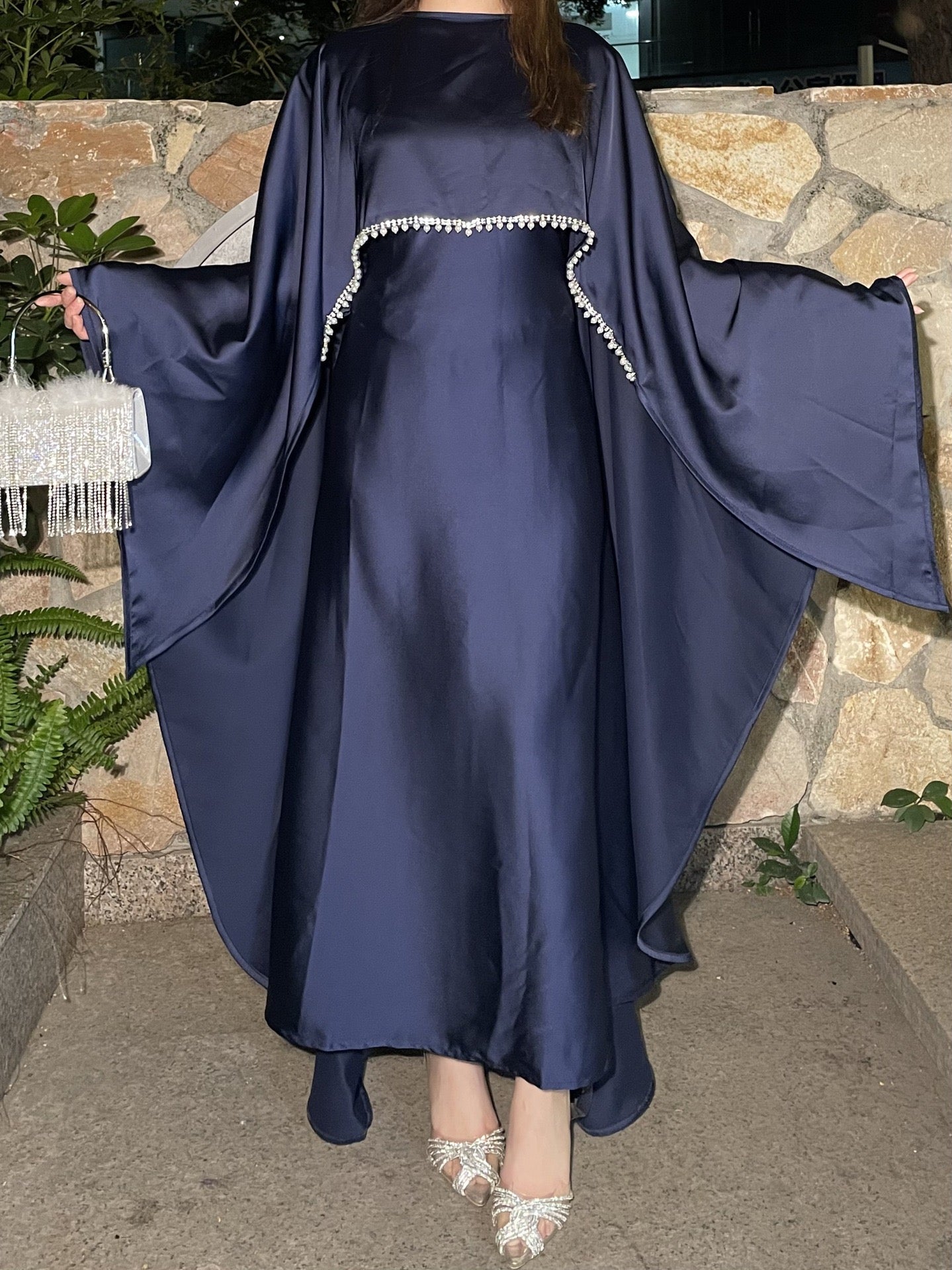 Elegant Satin Abaya with Rhinestone Cape | Luxurious Modest Evening Dress (EG130) - Elara Global