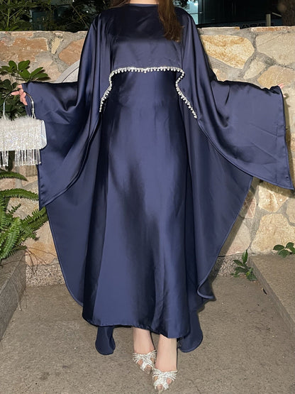 Elegant Satin Abaya with Rhinestone Cape | Luxurious Modest Evening Dress (EG130) - Elara Global