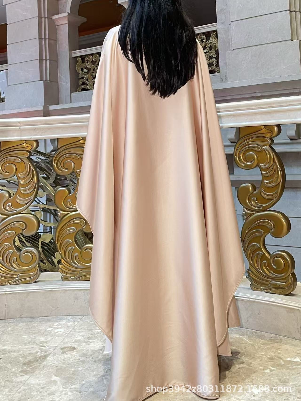 Elegant Satin Abaya with Rhinestone Cape | Luxurious Modest Evening Dress (EG130) - Elara Global