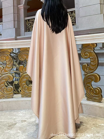 Elegant Satin Abaya with Rhinestone Cape | Luxurious Modest Evening Dress (EG130) - Elara Global