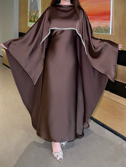 Elegant Satin Abaya with Rhinestone Cape | Luxurious Modest Evening Dress (EG130) - Elara Global
