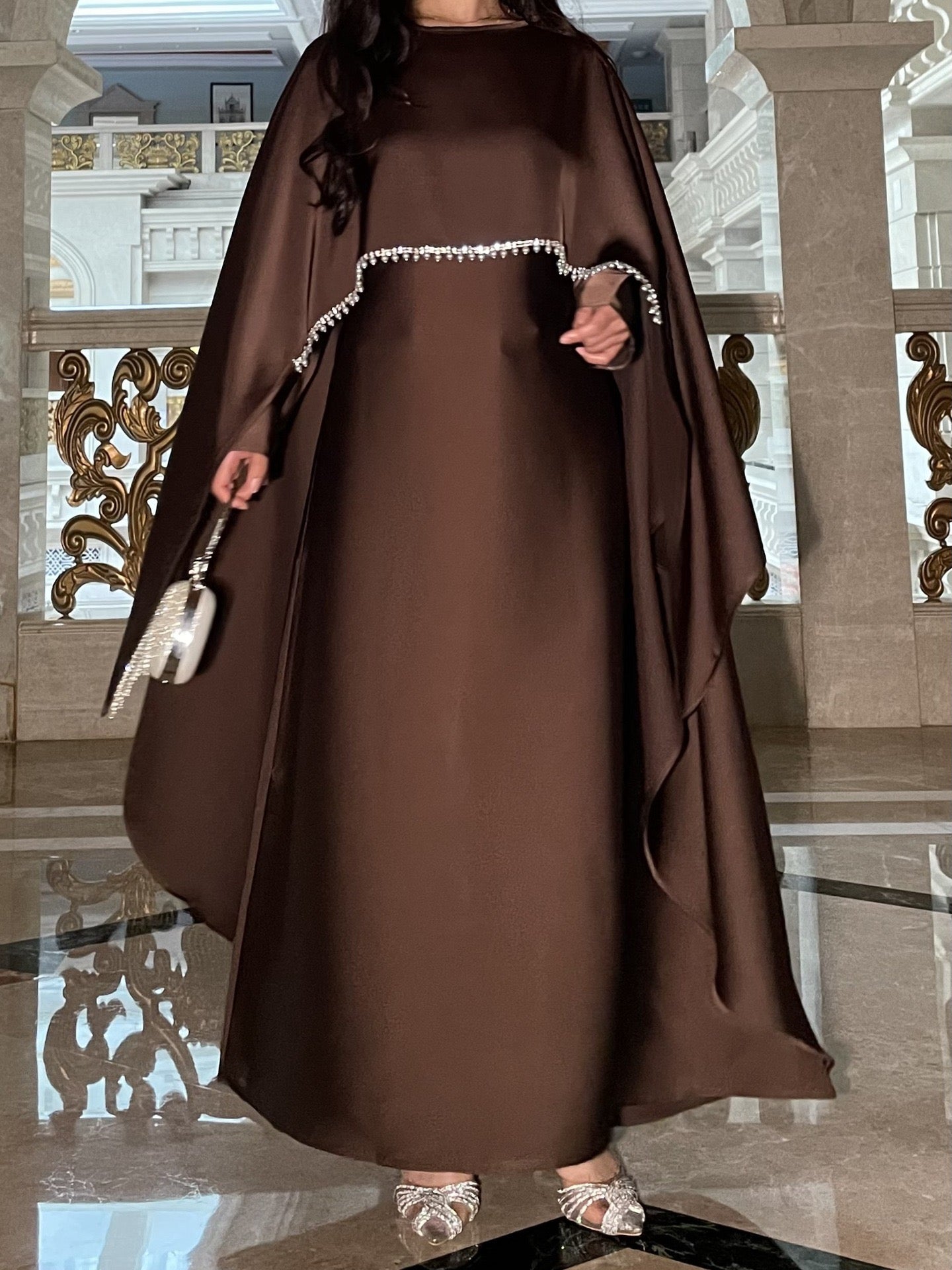 Elegant Satin Abaya with Rhinestone Cape | Luxurious Modest Evening Dress (EG130) - Elara Global