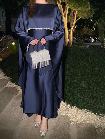 Elegant Satin Abaya with Rhinestone Cape | Luxurious Modest Evening Dress (EG130) - Elara Global