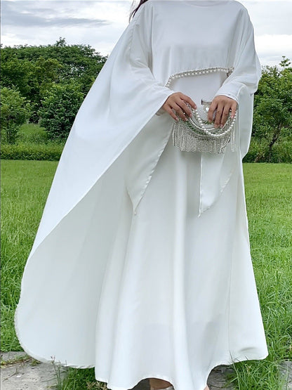 Elegant Satin Abaya with Rhinestone Cape | Luxurious Modest Evening Dress (EG130) - Elara Global