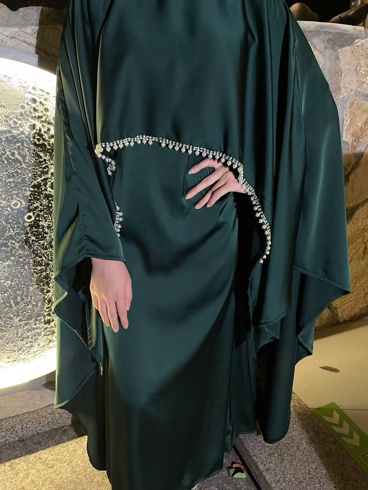 Elegant Satin Abaya with Rhinestone Cape | Luxurious Modest Evening Dress (EG130) - Elara Global