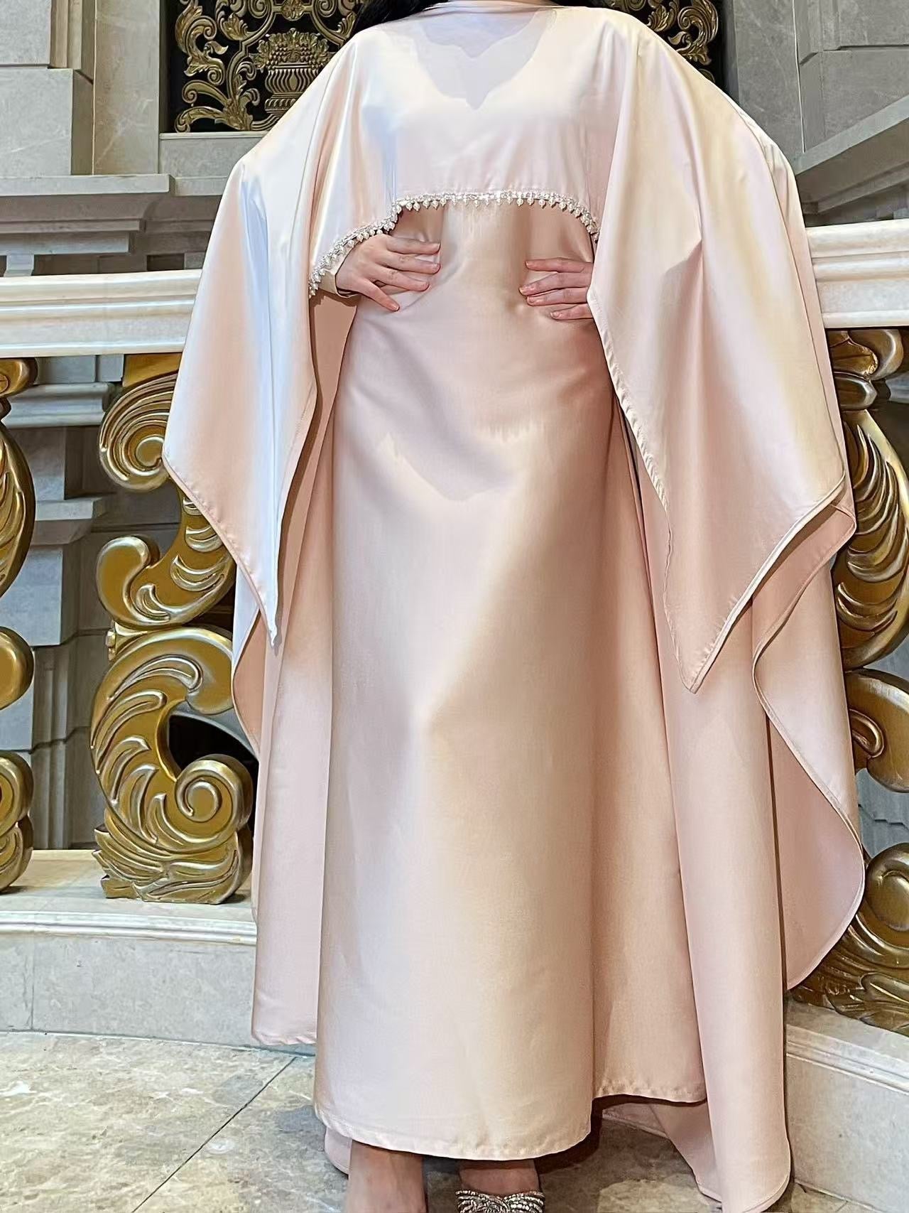 Elegant Satin Abaya with Rhinestone Cape | Luxurious Modest Evening Dress (EG130) - Elara Global