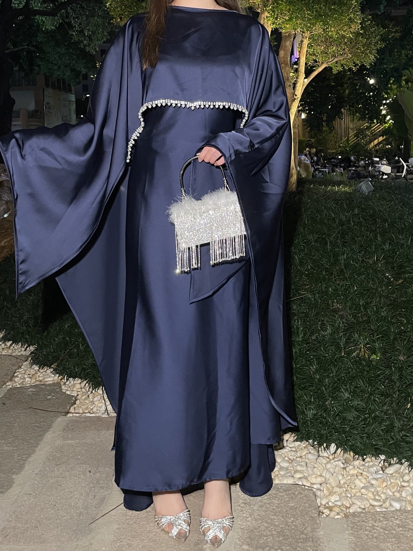 Elegant Satin Abaya with Rhinestone Cape | Luxurious Modest Evening Dress (EG130) - Elara Global