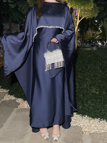 Elegant Satin Abaya with Rhinestone Cape | Luxurious Modest Evening Dress (EG130) - Elara Global