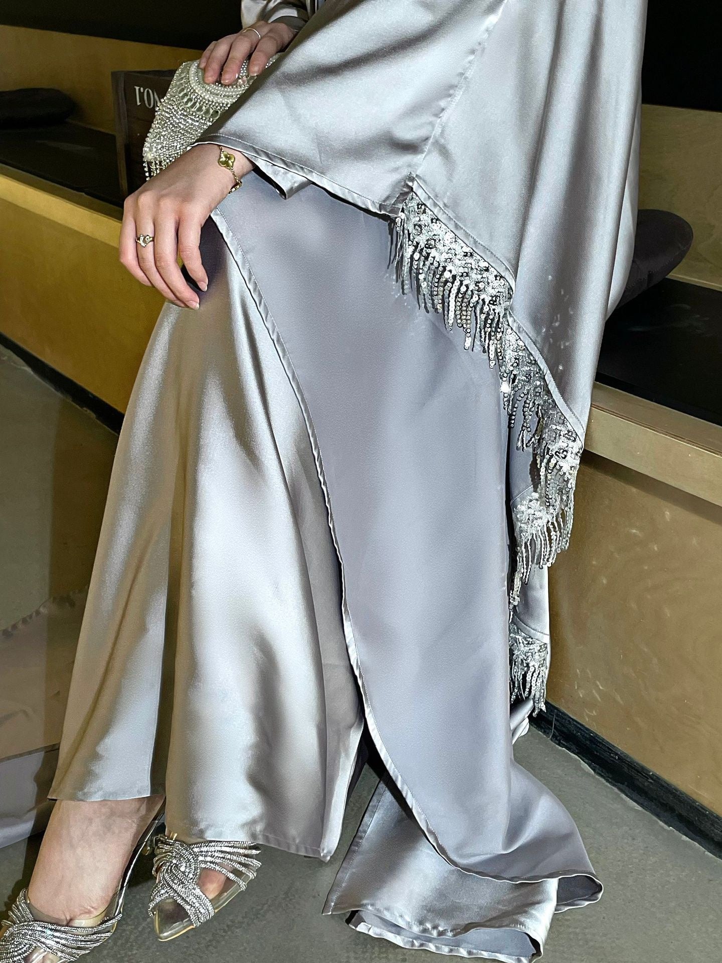 Elegant Satin Kaftan 3 - Piece Abaya Set With Beaded Fringe Details (EG125) - Elara Global