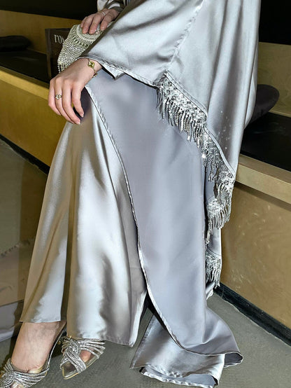 Elegant Satin Kaftan 3 - Piece Abaya Set With Beaded Fringe Details (EG125) - Elara Global