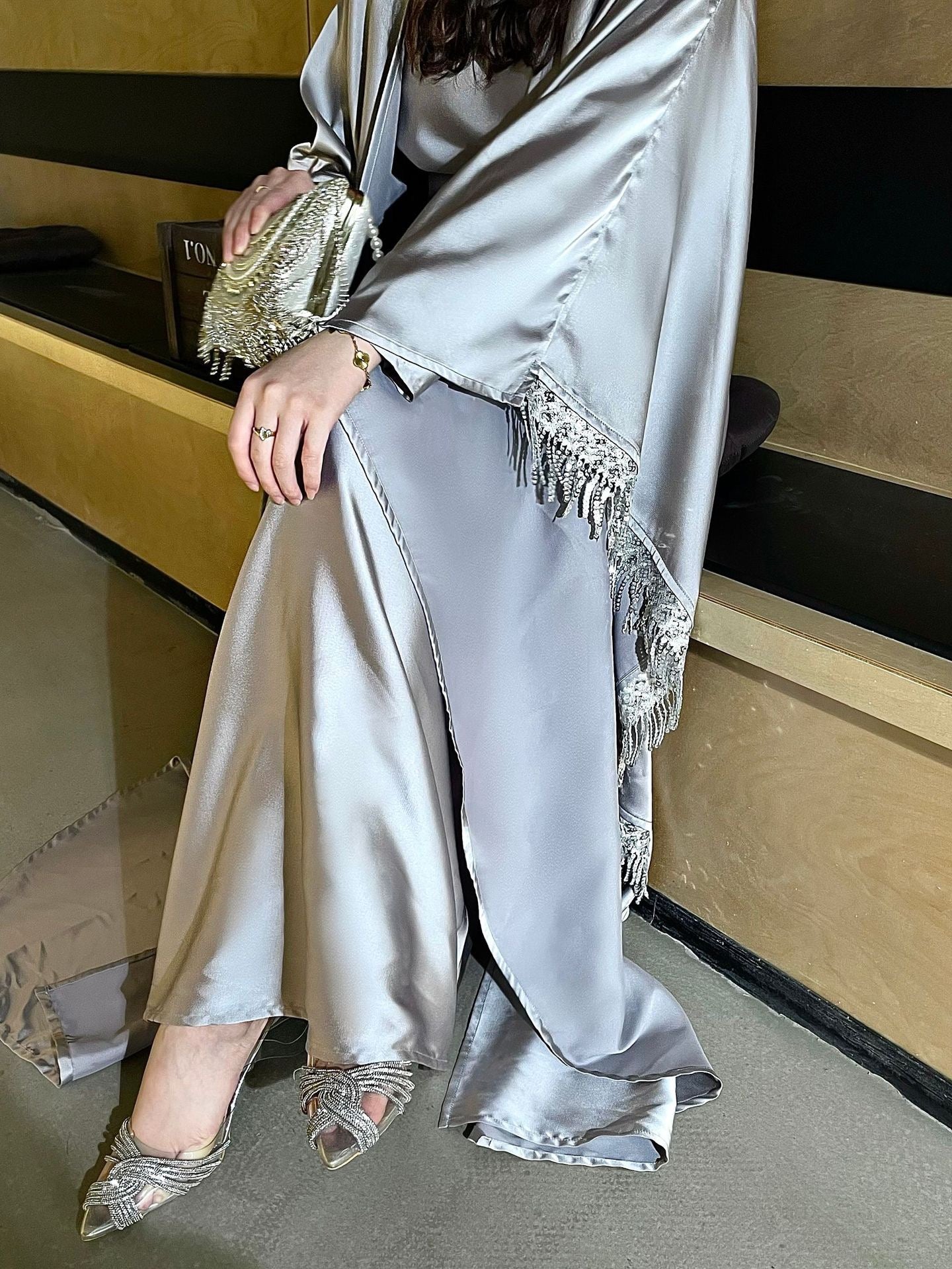 Elegant Satin Kaftan 3 - Piece Abaya Set With Beaded Fringe Details (EG125) - Elara Global