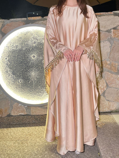 Elegant Satin Kaftan 3 - Piece Abaya Set With Beaded Fringe Details (EG125) - Elara Global