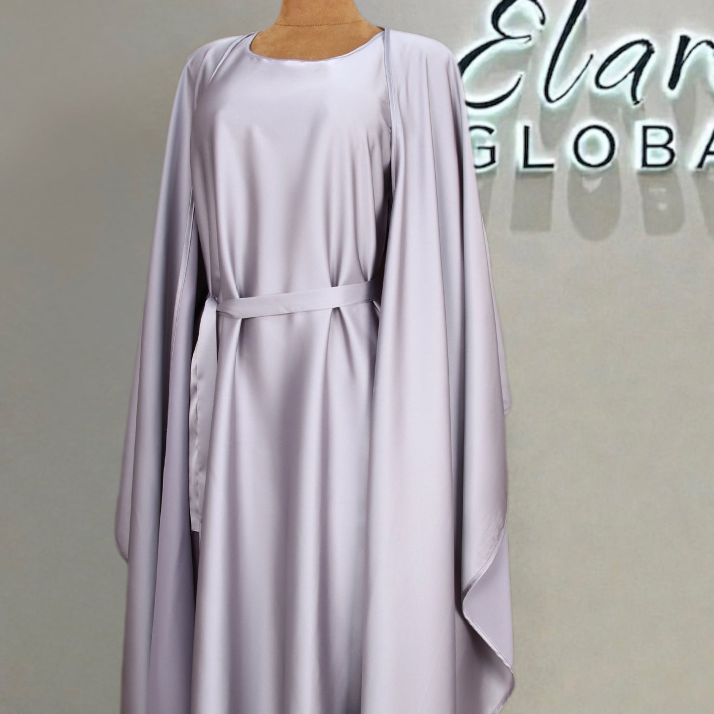 Elegant Satin Kaftan 3 - Piece Abaya Set With Beaded Fringe Details (EG125) - Elara Global