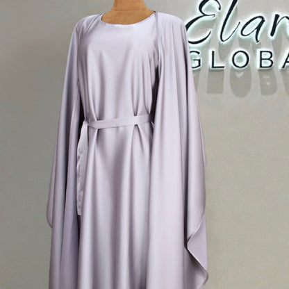 Elegant Satin Kaftan 3 - Piece Abaya Set With Beaded Fringe Details (EG125) - Elara Global