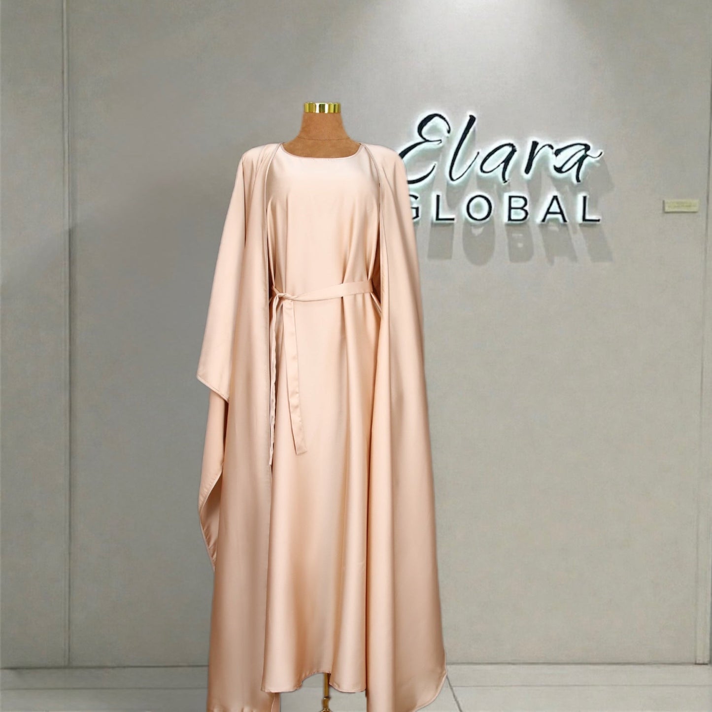 Elegant Satin Kaftan 3 - Piece Abaya Set With Beaded Fringe Details (EG125) - Elara Global