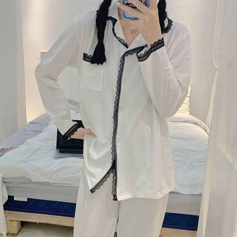 Elegant White Lace Trim Split Bottom Pajama Set (EG217)